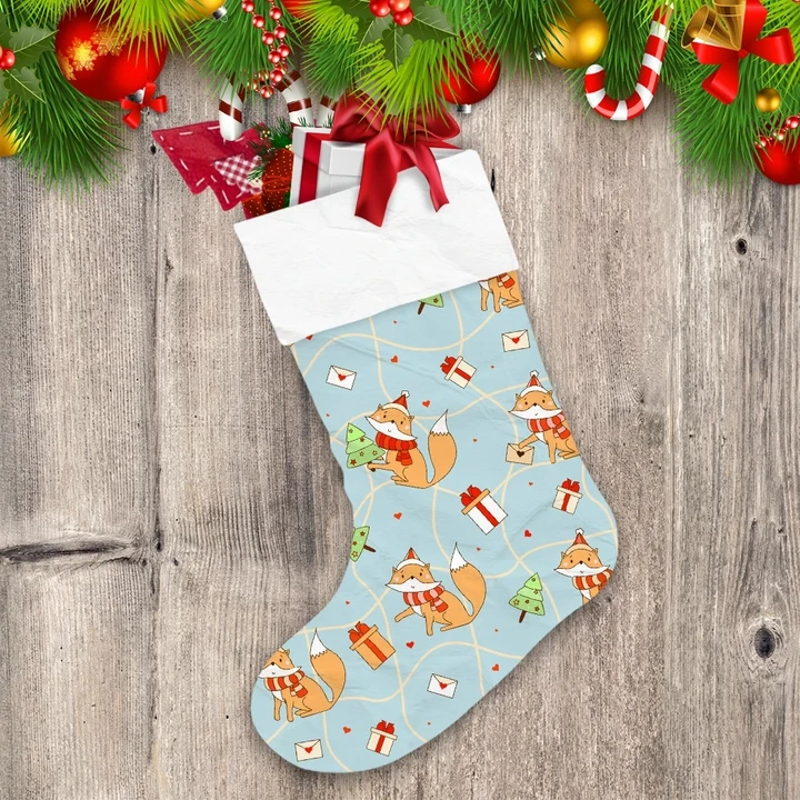 Cute Foxes In Santa Hat And With A Christmas Tree On Blue Christmas Stocking