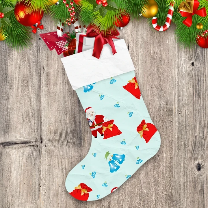 Santa Claus With A Bag Of Gifts And Bells Toy Pattern Christmas Stocking