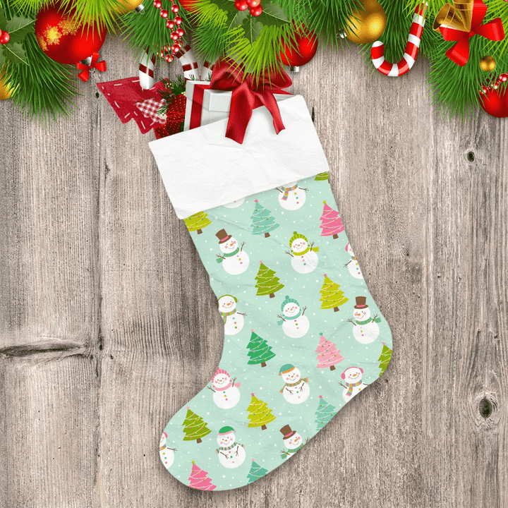 Cute Snowman And Colorful Christmas Trees Christmas Stocking