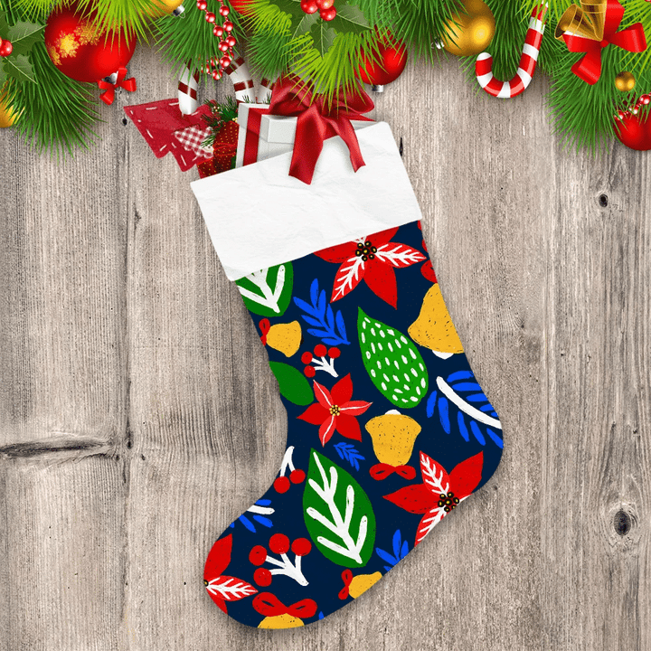 Hand Drawn Red Poinsettia Floral And Christmas Bell Christmas Stocking