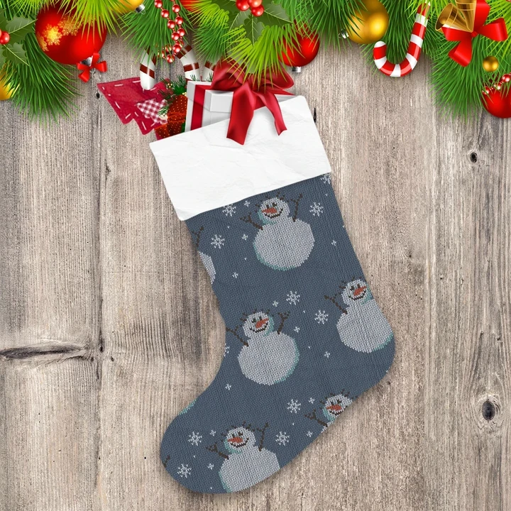 Xmas Snowman Raising Hand In Blue Background Christmas Stocking