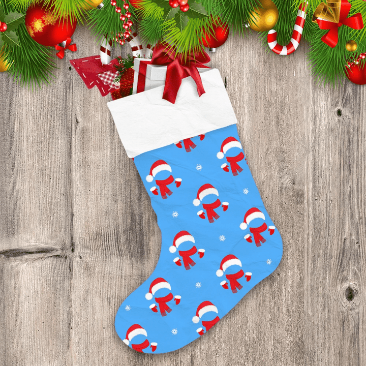 Santa Claus Costume With Mittens Scarfs And Hats On Blue Background Christmas Stocking