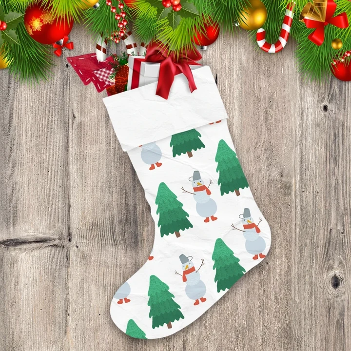 Christmas Snowman With Red Scarf In Fir Tree Forest Christmas Stocking