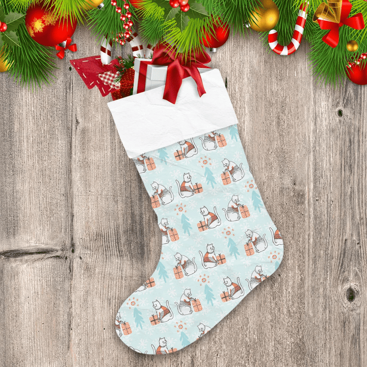 Christmas Cat In Embroidery Sweater And Present Boxes Christmas Stocking