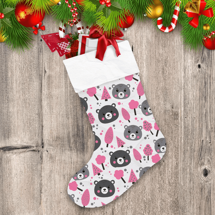 Christmas Theme With Bears And Trees In Pink Gray Christmas Stocking