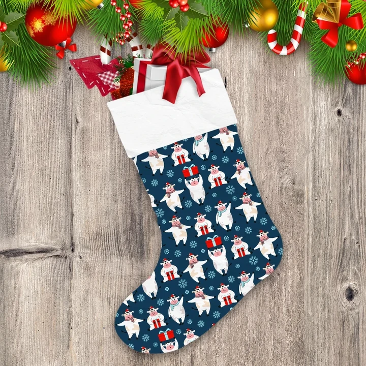 Christmas Cartoon Cow Present Gift And Snowflake Christmas Stocking