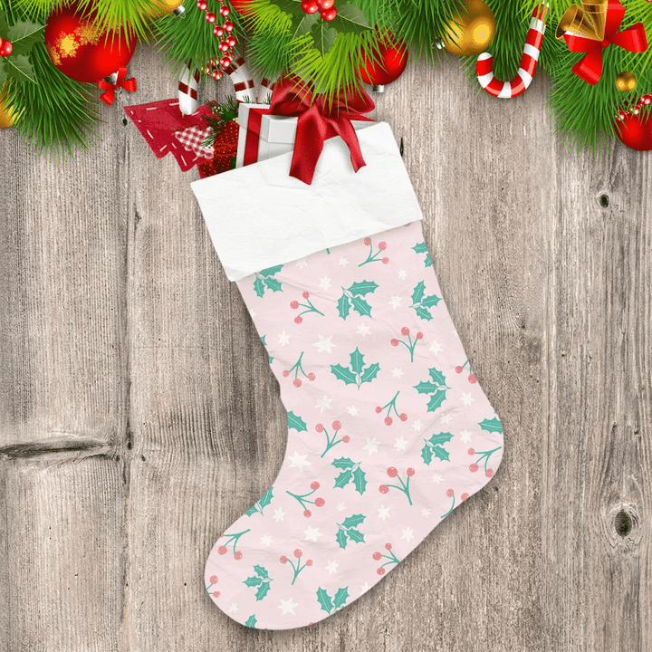 Cute Seasonal Winter Elements Holly Berries On Pink Background Christmas Stocking
