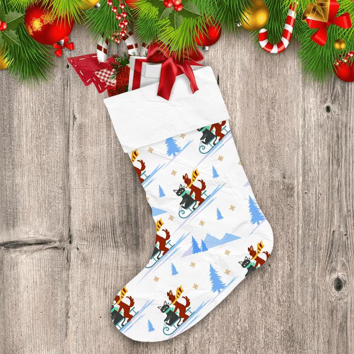 Cute Cat And Dog Sledding Down A Mountain Christmas Stocking