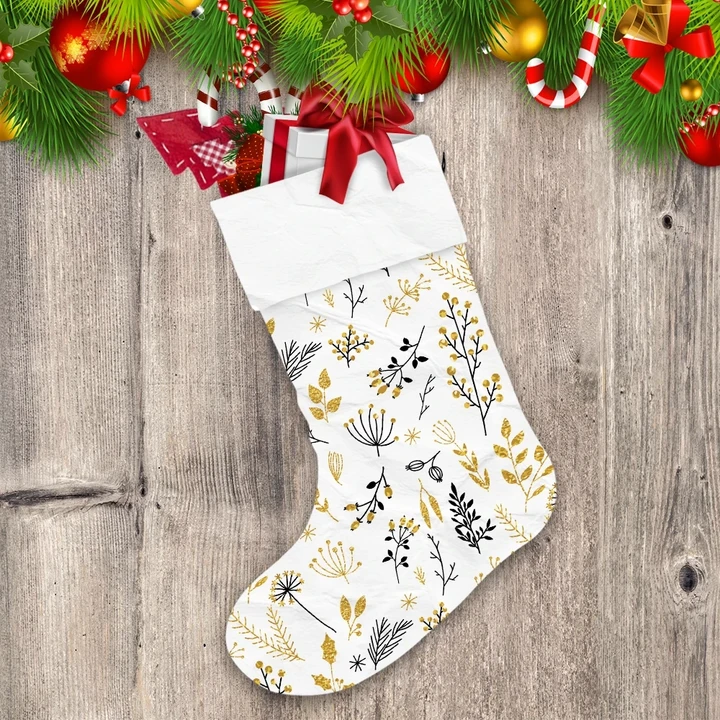 Luxurious Golden Plants With Holly Berries Branches Pattern Christmas Stocking