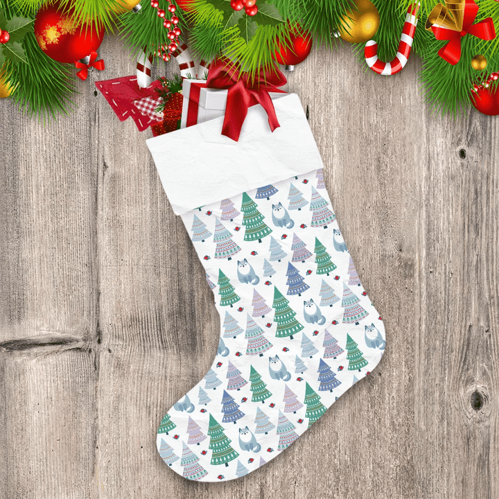 Christmas Trees And Wolf In Ethnic Style Christmas Stocking