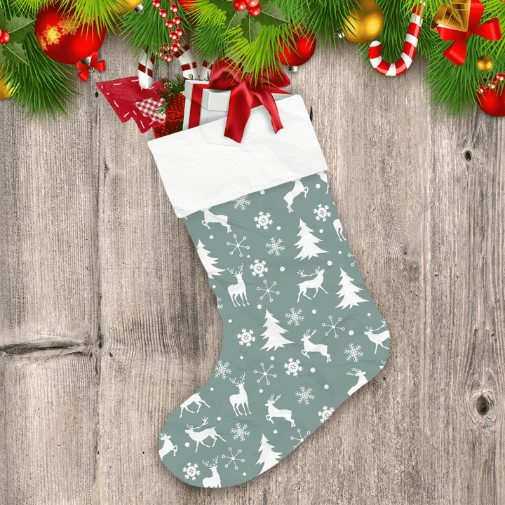 Illustrated White Reindeer Snowflakes And Trees Pattern Christmas Stocking