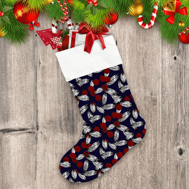 Cozy Hand Drawn Red Berries And White Leaf Pattern Christmas Stocking