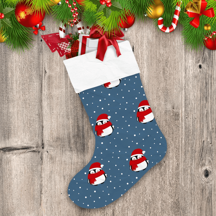 Christmas Winter Cute Penguins In Red Hat And Scarf Christmas Stocking
