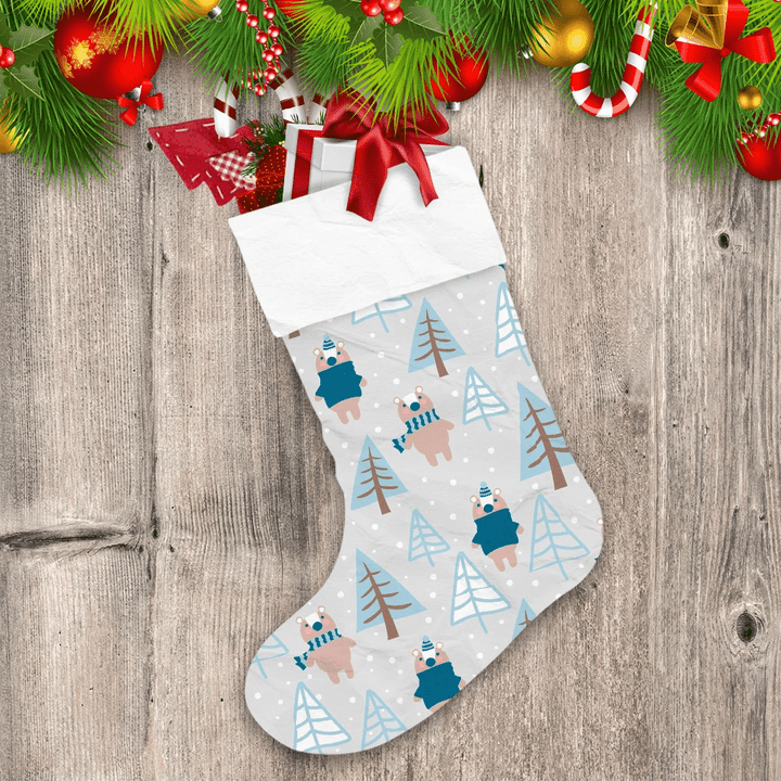 Cute Cartoon Bears In Winter Forest Among Spruce Trees Christmas Stocking