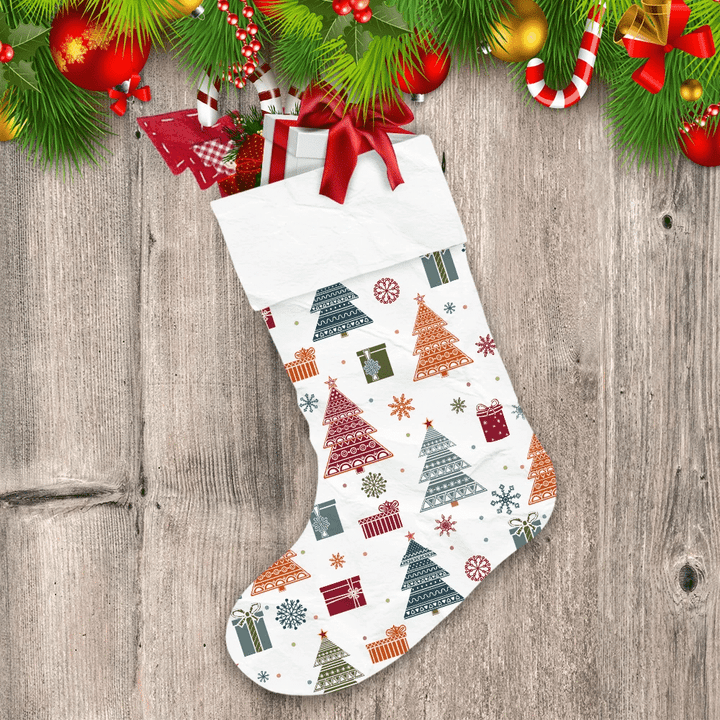 Colorful Christmas Trees With Ornaments Gifts And Snowflakes Christmas Stocking