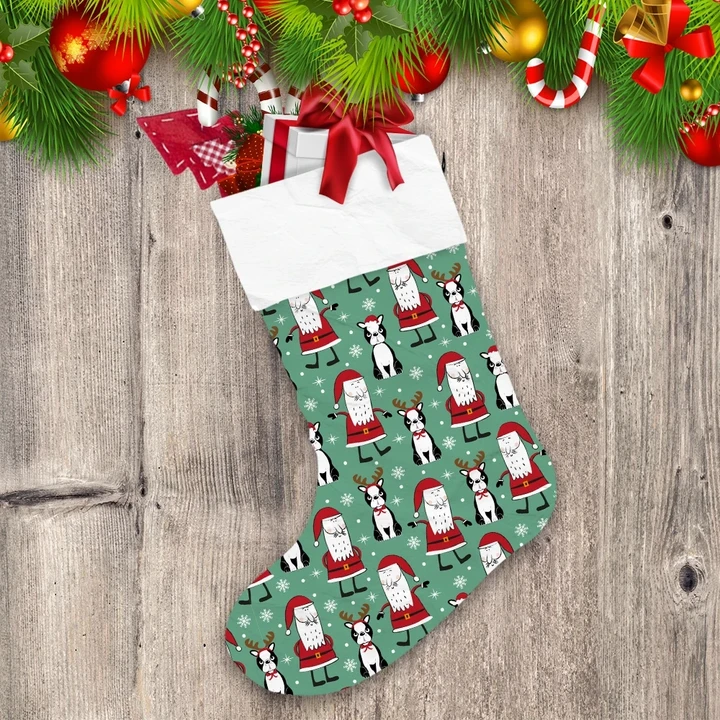 Cute Boston Terriesr And Santa Claus Christmas Stocking