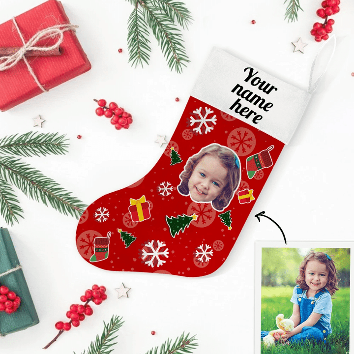 Red Background Presents Falling Snow Christmas Stocking Christmas Gift Custom Name And Photo