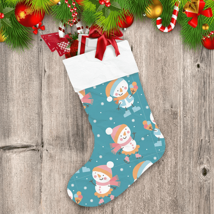 Children Snowman With Hat And Scarf In Christmas Snow Christmas Stocking