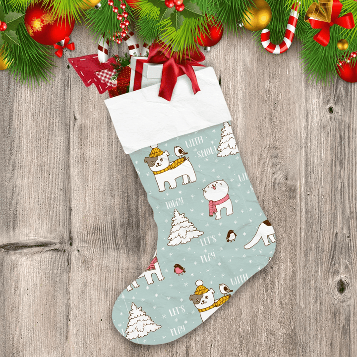 Winter Let's Play With Snow Cute Cat And Dog Christmas Stocking