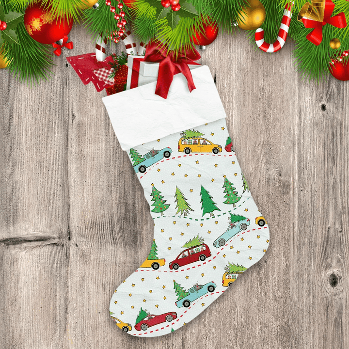 Funky Multicolor Winter Landscape With Cartoon Reindeers Cars And Trees Christmas Stocking