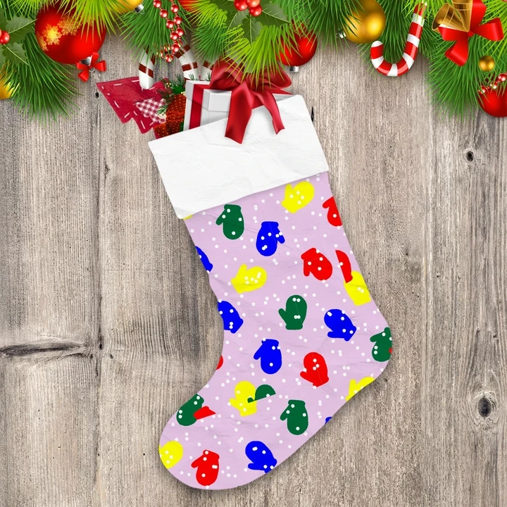 Mini Polka Dot Pink Background With Colorful Mittens Glove Christmas Stocking