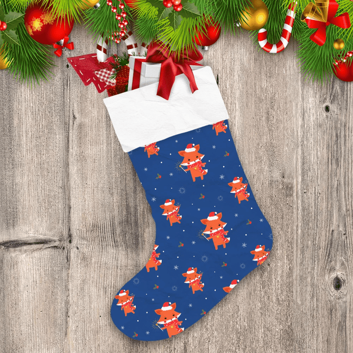 Cute Fox Playing Frieworks In Christmas Day Christmas Stocking