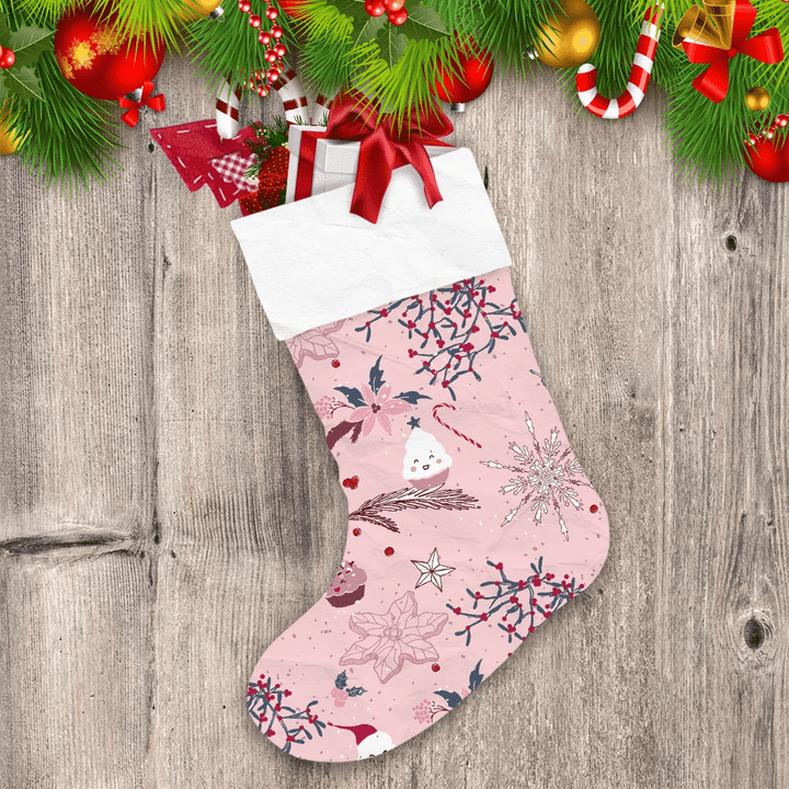 Pink Flowers Tree Branches And Cupcake With Cream Frosting Christmas Stocking