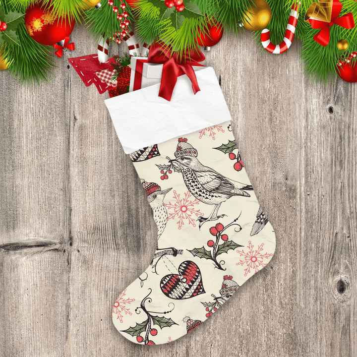 Sketching Winter Birds On Tree Branches With Red Snowflakes Christmas Stocking