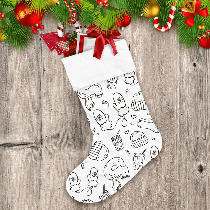 Ideal Doodle Pattern With Hot Coffee Cup Hats And Mittens Christmas Stocking