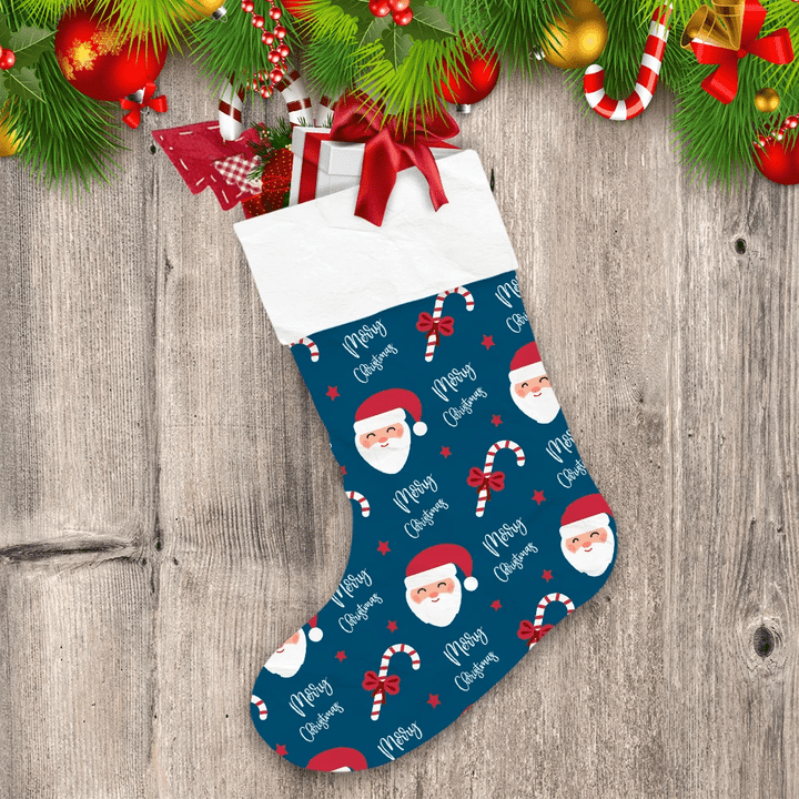 Happy Santa Claus And Christmas Candy Cane Christmas Stocking