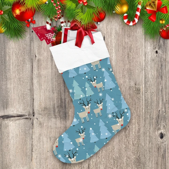 Christmas Winter Deer Red Nose And Blue Tree Christmas Stocking