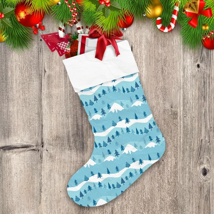 Christmas Snow Capped Mountains And Fir Trees On Blue Christmas Stocking