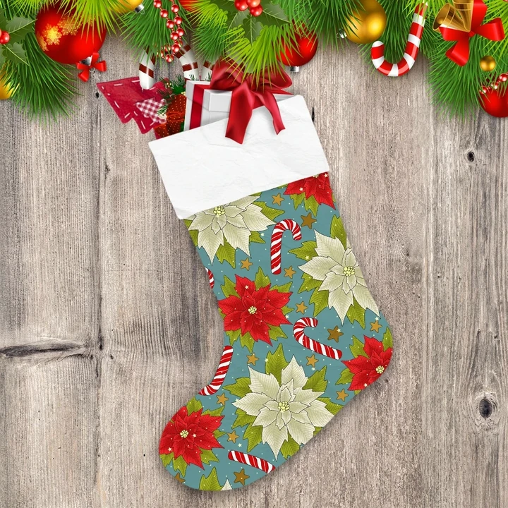 Christmas Red Poinsettia And Candy Cane Christmas Stocking