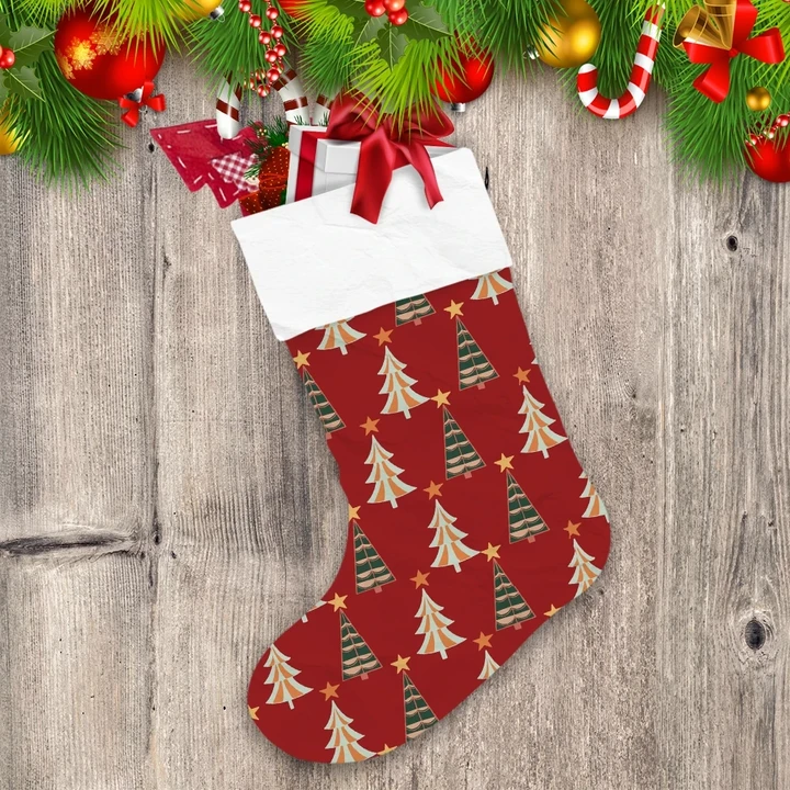 Christmas Trees With Star On Red Background Christmas Stocking