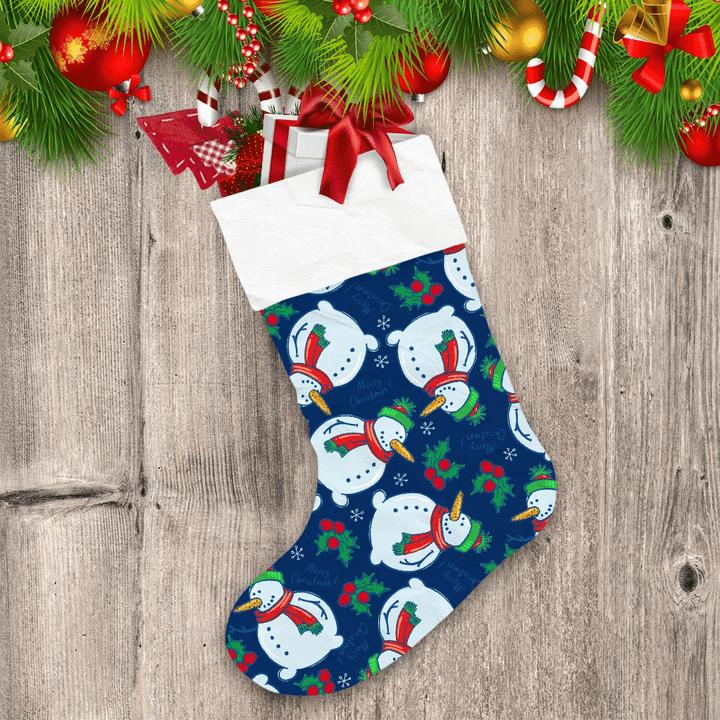 Christmas Snowman And Holly On Blue Background Christmas Stocking