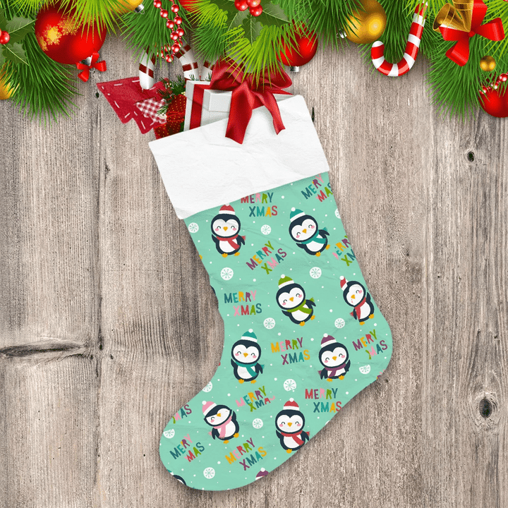 Christmas Cute Penguin And Colorful Typography With Snow Christmas Stocking