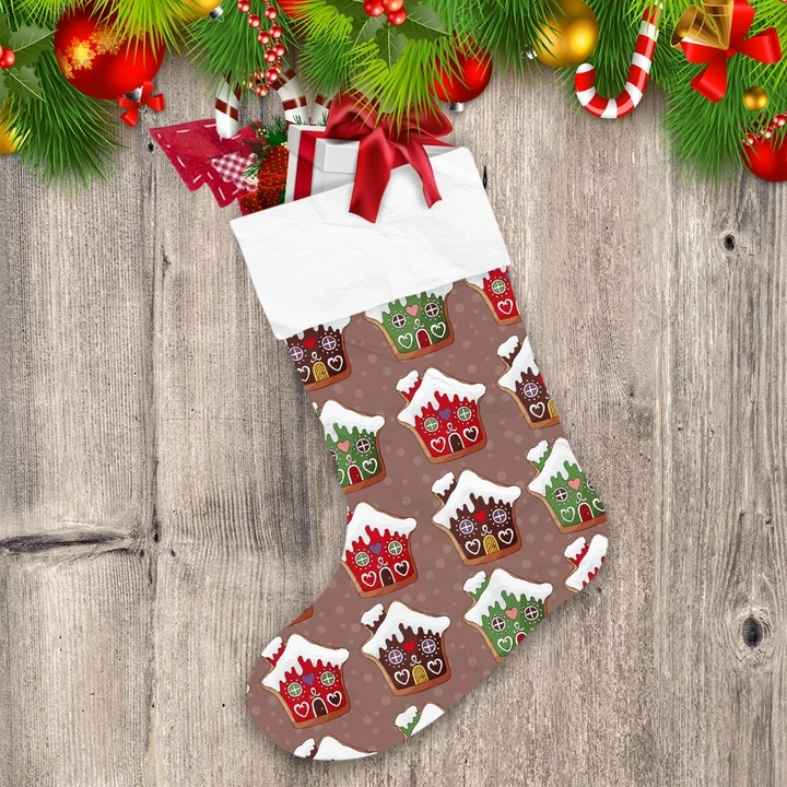 Colorful Chocolate Cookies In The Form Of Mini Houses Pattern Christmas Stocking