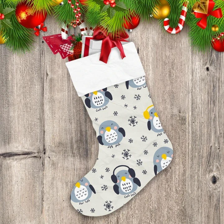 Theme Christmas Hand Drawn Winter Penguins With Snowflakes Christmas Stocking