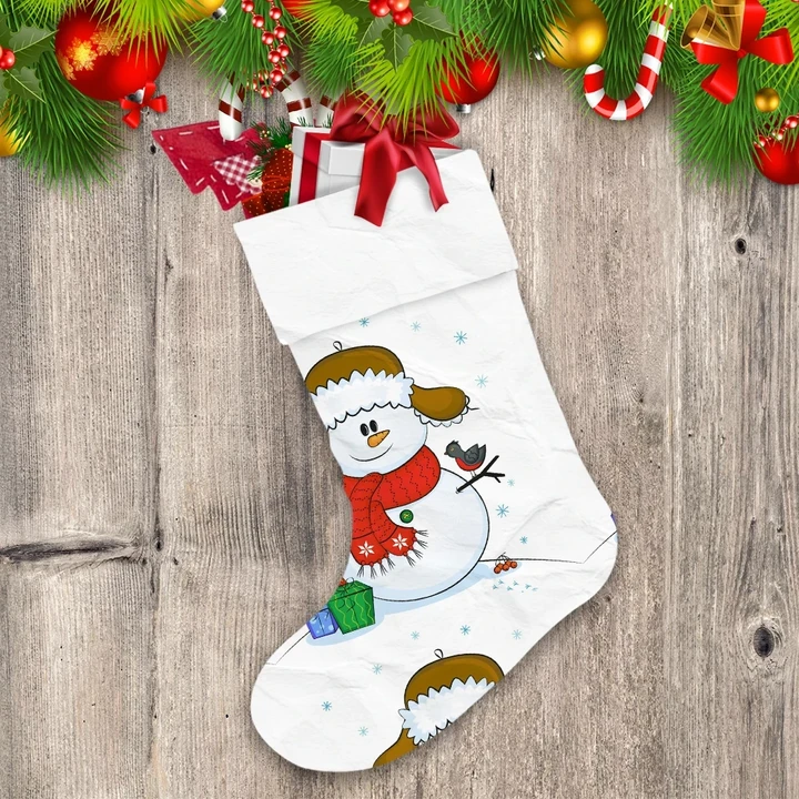 Christmas Smiling Snowman With Red Scarf And Small Bird Christmas Stocking