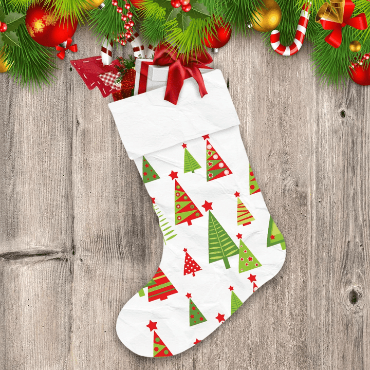 Red And Green Christmas Trees With Red Star Christmas Stocking