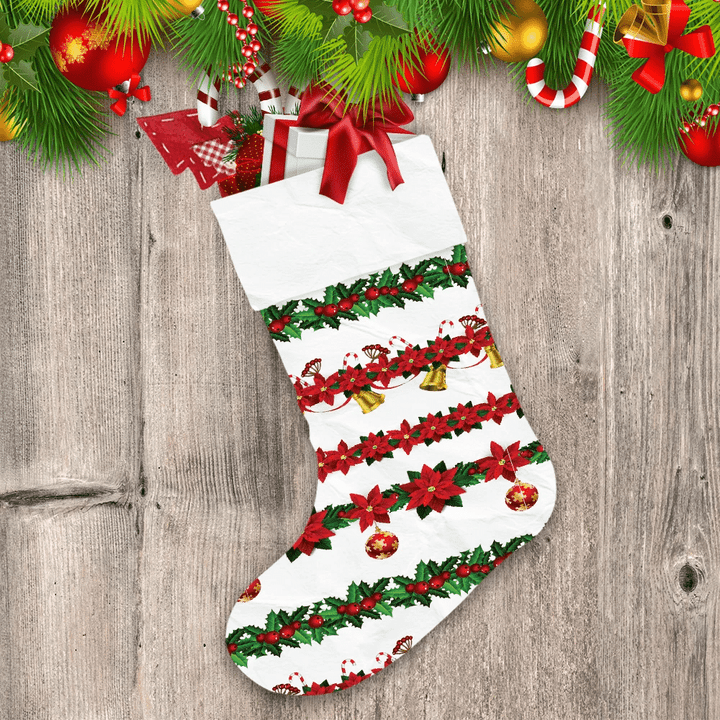 Christmas Red Poinsettia Candy Cane And Gold Bell Christmas Stocking