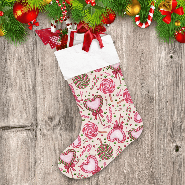 Colorful Christmas Candy Cane And Snowball Christmas Stocking