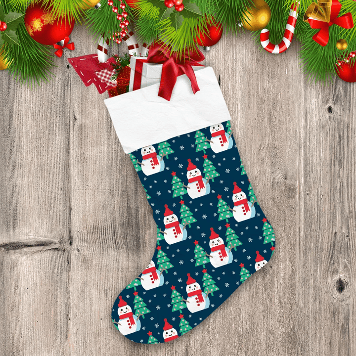Snowman In Santa Hat And Scarf With Christmas Tree Christmas Stocking