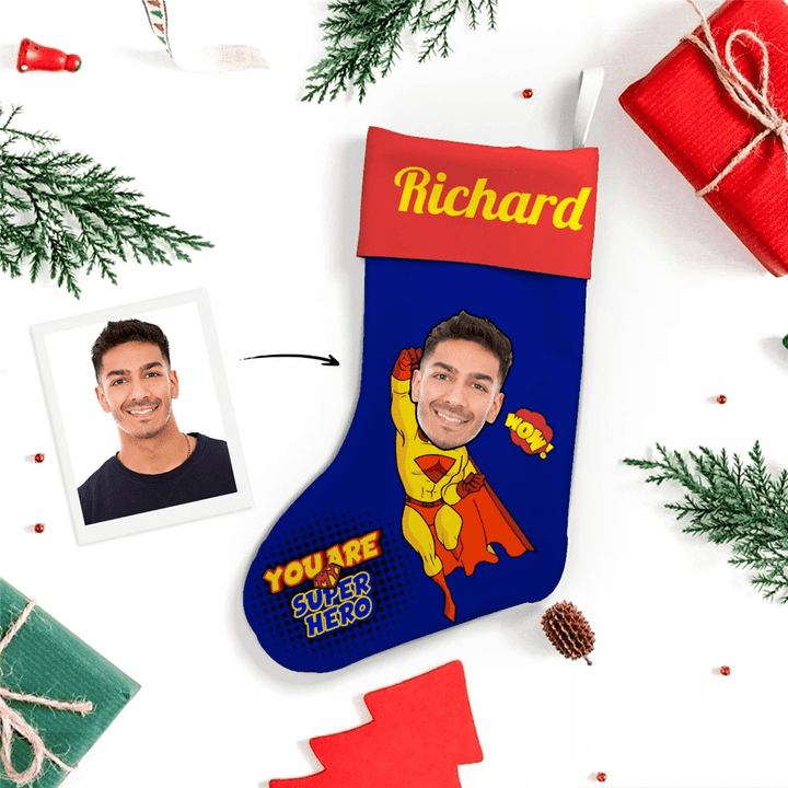 Custom Face Christmas Stocking Christmas Gift Super Hero With Text