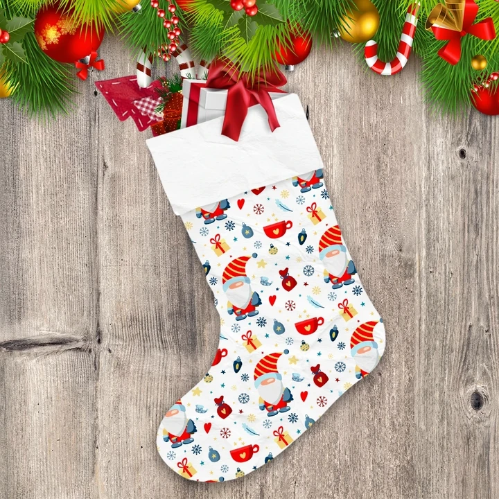 Pattern With Christmas Gnomes Snowflakes And Gifts On White Background Christmas Stocking