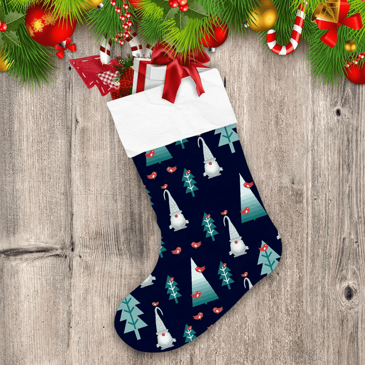 Happy Christmas Trees Forest With Little Gnomes And Birds Christmas Stocking