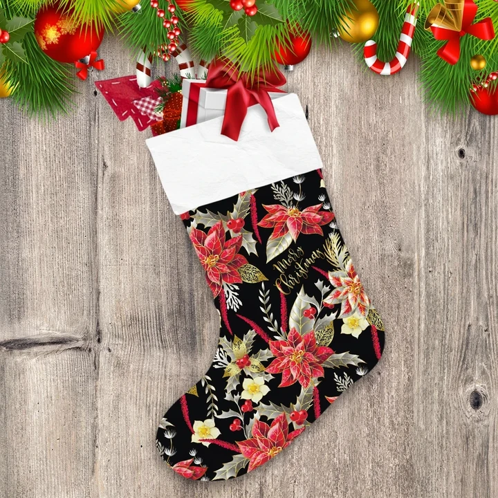 Merry Christmas Red Poinsettia Flower And Berries Christmas Stocking