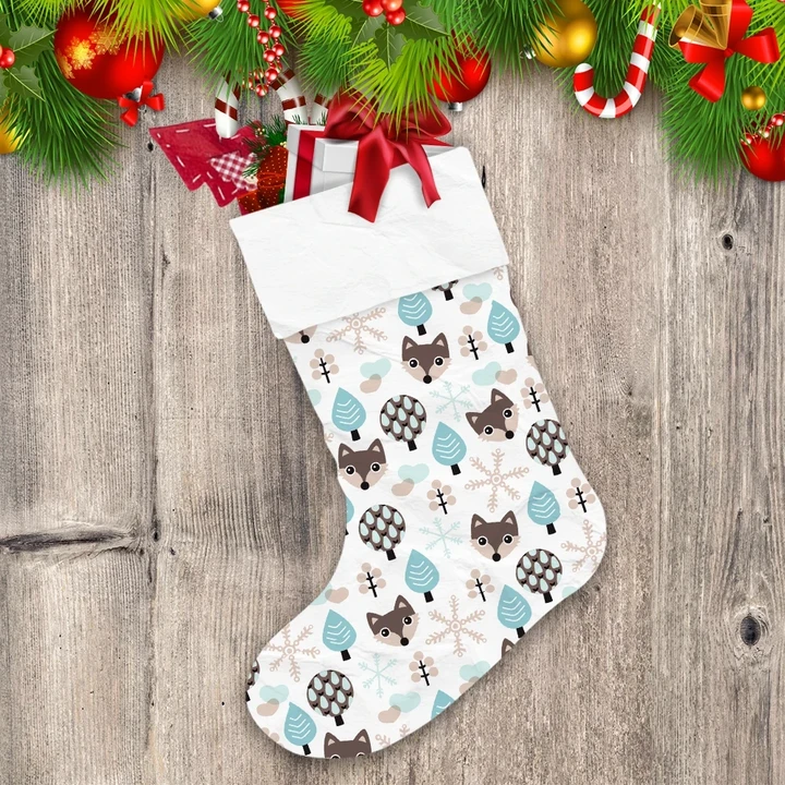 Winter Wolf In Pastel Blue Forest Background Christmas Stocking