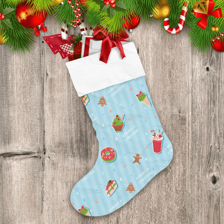 Cute Cakes With Donuts Cupcakes Ice Cream On Blue Striped Background Christmas Stocking