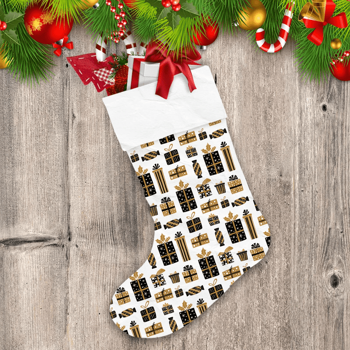 Dazzling Star Pattern Golden And Black Gift Boxes Pattern Christmas Stocking